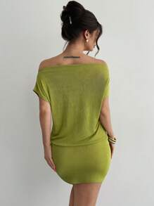 Firerie 春夏新品浪漫假期音乐节派对学校休闲纯绿色闪光雪纺露肩修身迷你连衣裙女士海滩装、机场装、度假装