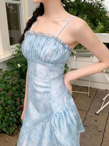 SHEIN LUNE Vestido largo asimétrico con volantes y tirantes ajustables con estampado de teñido anudado para mujer, vestimenta de vacaciones - Azul - Ver 5