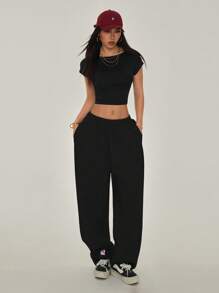 SHEIN PETITE Tricou negru cu spate deschis, potrivit pentru ținute mici, de vară