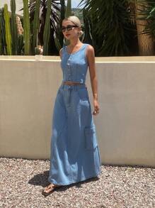 DAZY 女士夏季圆领无袖束腰宽松牛仔裙套装 - 藍色 - 查看 3