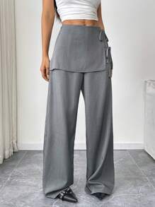 Flirla 女式系带皮革饰边直筒阔腿休闲裤，优雅风格，春夏