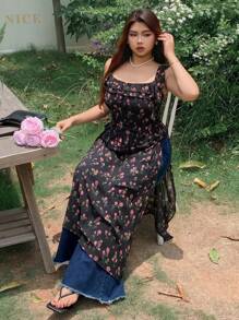 Dazy Plus Ditsy Floral Maxi Sleeveless High Slit Shirt Dress - Black - View 5