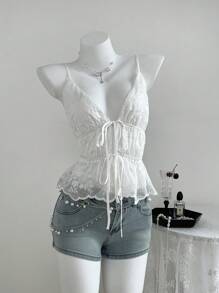 Elamini Eyelet Embroidery Pleat Tie-Up Spaghetti Strap Summer Sexy Vacation Tank Top For Women - White - View 4