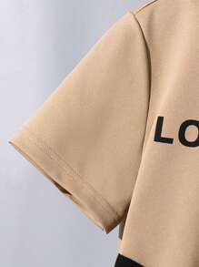 3pcs/Set Tween Boy Casual Summer City Break Tan Sweatshirt,Sweatpants,Crossbody Bag Letter Graphic Loose Drop Shoulder Short Sleeve Street Sporty Set - Khaki - View 4