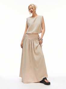 LYSMO 2025 春夏新品女式圆领无袖上衣，花瓣下摆，宽松版型，搭配亚麻质地腰部褶皱 A 字裙，复古休闲风格，波西米亚风，田园风情，极简休闲装 - 杏色 - 查看 4