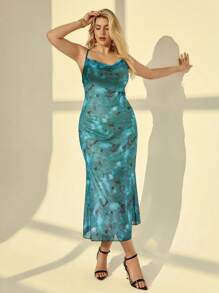 Auralis Plus Size Summer Elegant Teal Graphic Spaghetti Strap Fishtail Dress For Women,Tea Party Beach Birthday Graduation Club Outfits,Y2k Fairycore Flowy - Multicolor - View 5