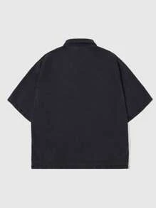 ROMWE MEN Prep 男士单排扣落肩短袖字母印花休闲牛仔衬衫 - 黑色 - 查看 2