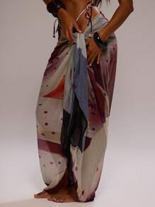 Musera Resort 网纱透视花卉印花系带长款沙滩裙罩衫泳装度假夏季假日波西米亚风可爱性感简约优雅休闲沙滩裹裙旅行花卉派对春季 - 彩色 - 查看 3