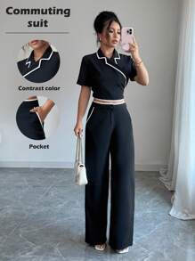 SHEIN Unity 2 件套女士纯色短袖上衣和裤子套装，工作通勤装 - 黑色 - 查看 3