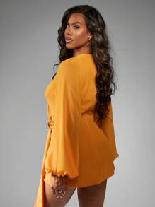 MISSGUIDED 优雅雪纺迷你裹身裙气球长袖派对婚礼宾客个性胸针细节冬季节日活动