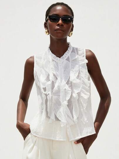 Aveloria Modichic White Textured Sheer Layered Ruffle Collar Design Elegant Romantic Versatile Sleeveless French Blouse For Women