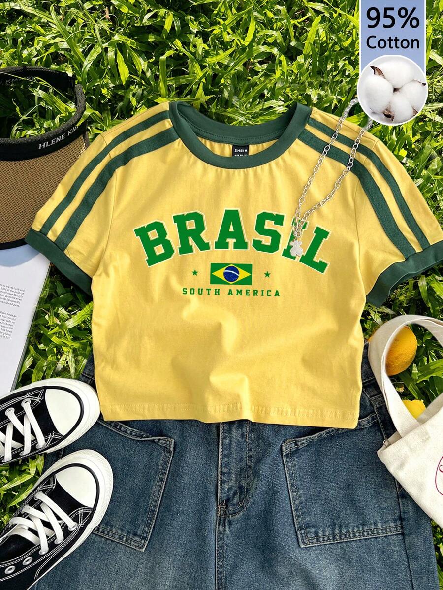 SHEIN EZwear Áo thun nữ tay ngắn bó sát họa tiết Brazil Colorblock, thích hợp cho mùa thể thao xuân/hè - Màu vàng - Xem 1