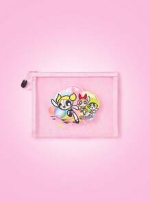 THE POWERPUFF GIRLS X SHEIN 花朵、泡泡、毛茛图案可爱网眼收纳袋，大容量便携化妆包 - 粉色 - 查看 1