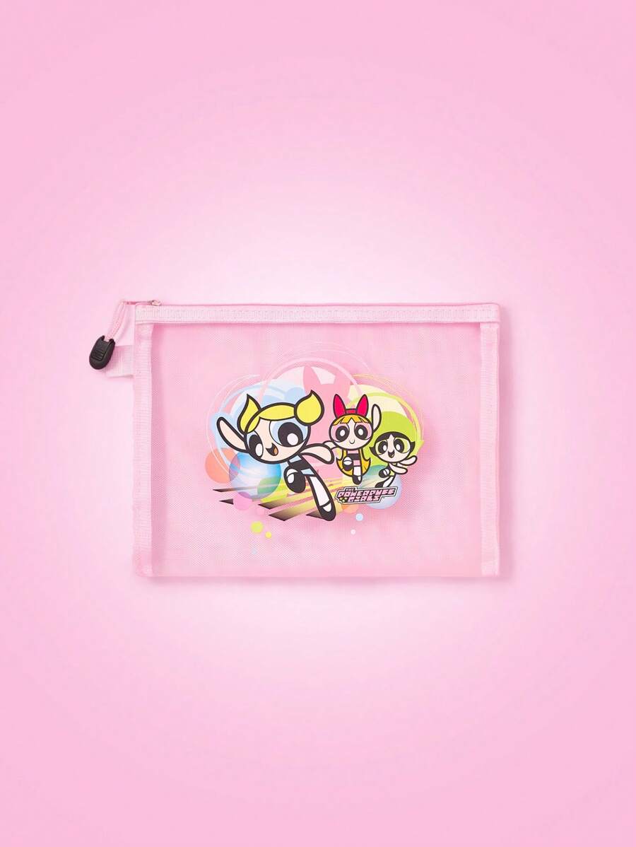THE POWERPUFF GIRLS X SHEIN 花朵、泡泡、毛茛图案可爱网眼收纳袋，大容量便携化妆包 - 粉色 - 查看 1