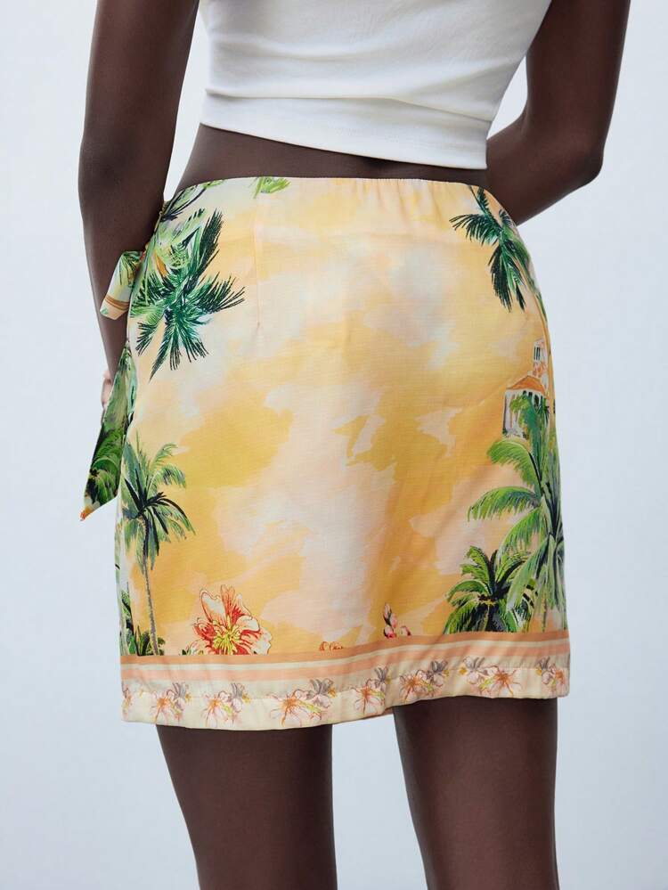 SHEIN Maija Women's Orange Summer Beach Casual Yellow Skirt, Hawaiian Vacation Everyday Simple Fashion Tropical Floral Print Tie-Up Wrapped Mini Yellow Skirt