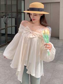 DAZY 女士雪纺露肩蝴蝶结宽松喇叭长袖衬衫，适合夏季度假，露肩上衣