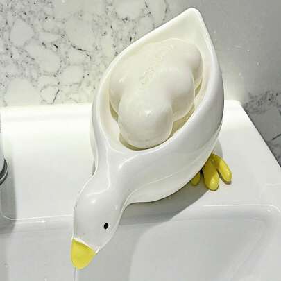 1 Giá để xà phòng hình con vịt màu vàng, chất liệu nhựa, thích hợp cho hộp đựng trên mặt bàn bếp phòng tắm, hộp đựng xà phòng thoát nước chống trượt, phụ kiện phòng tắm
