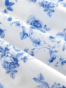 SHEIN MOD Vestido con estampado floral, cuello con volantes y lazo en los hombros para mujer - Azul y blanco - Ver 4