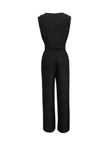 Women's Two-Piece Set Of Solid-Color T-Shirt And Pants, Casual For Spring/Summer - Black - View 4