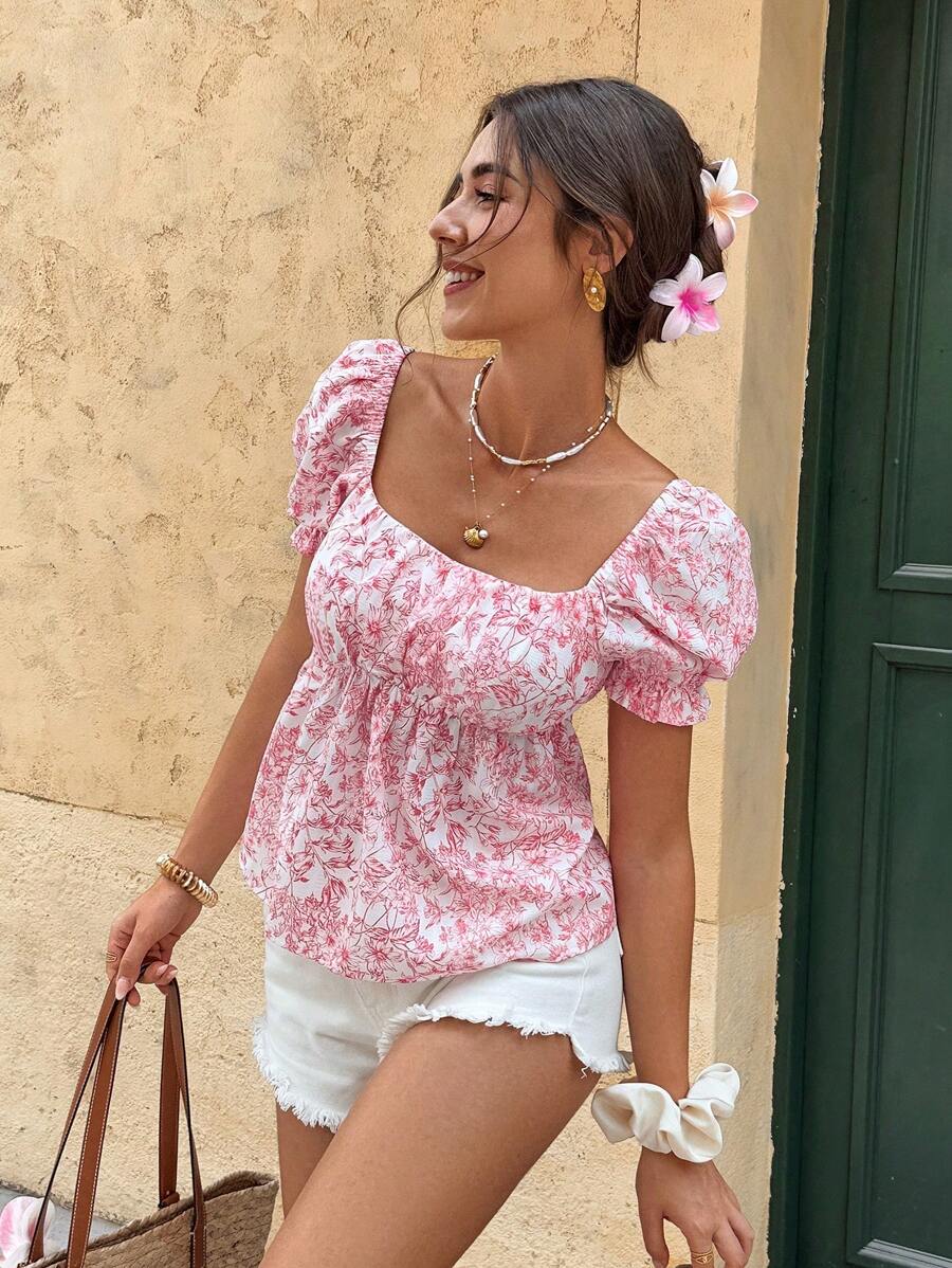 Serisse 女式法式夏季休闲方领全印花蝴蝶结背心露背短袖度假衬衫适合节日夏季毕业典礼 7 月 4 日西部风海滩装 - 粉色 - 查看 1