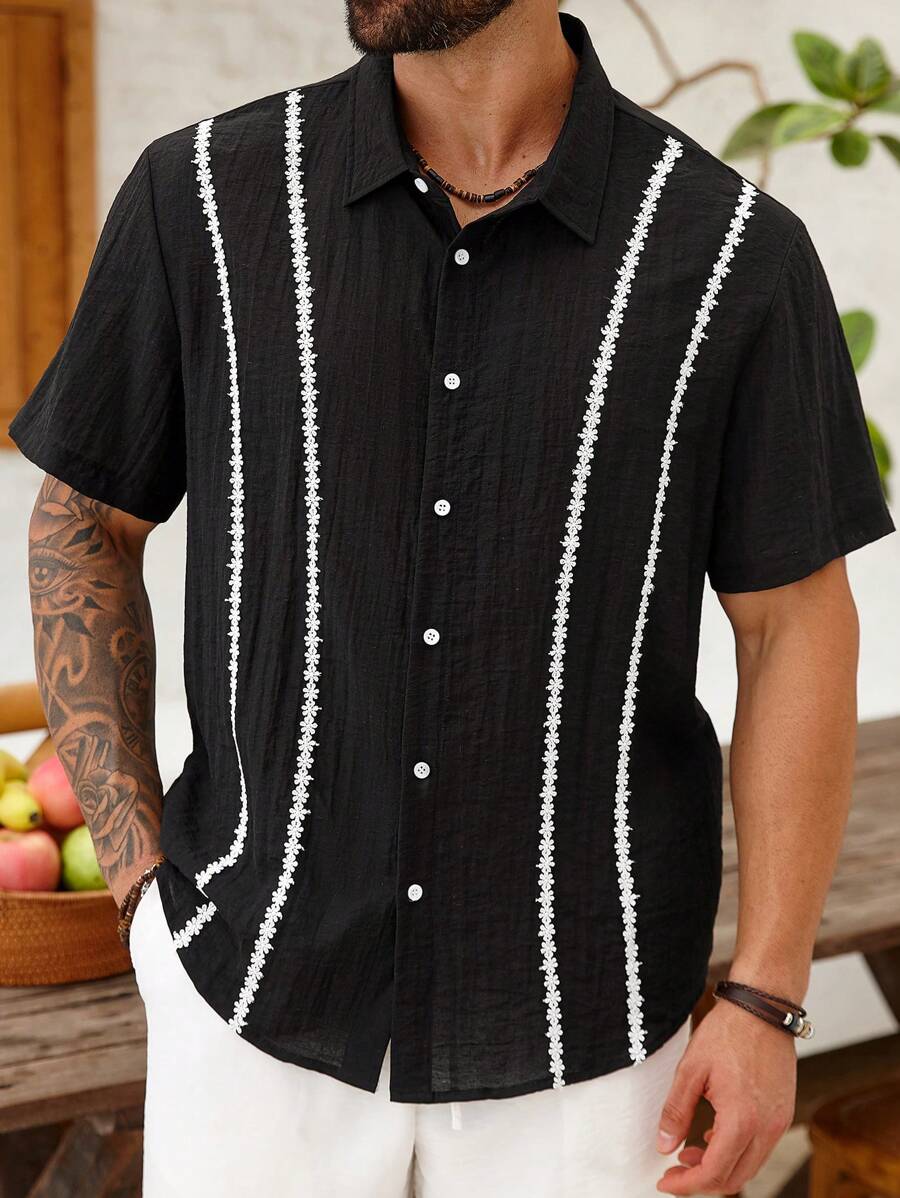 ResortEase 大码男士夏季度假风格撞色蕾丝丝带短袖衬衫男士黑色纽扣衬衫