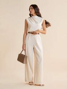 SHEIN Tall 女式纯色褶皱无袖梭织连体衣（配腰带） - 杏色 - 查看 5