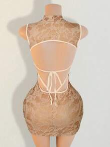 BamGleam Vestido mini ajustado sin mangas con espalda con cordones sexy para mujeres - Caqui - Ver 2