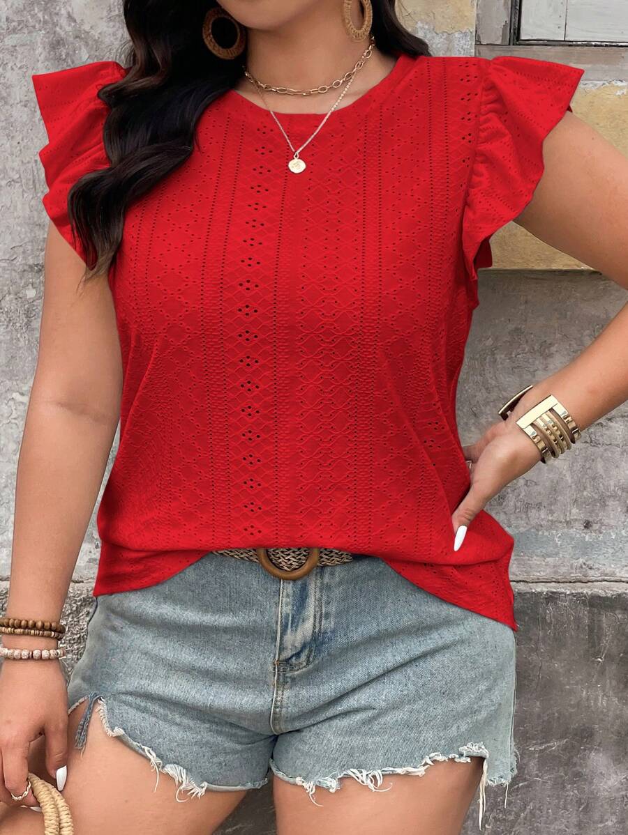 SHEIN LUNE Plus Size Women's Holiday Tie-Dye Embroidery Round Neck Cap Sleeve Casual T-Shirt Woman S Summer Clothes Women S Casual Tops