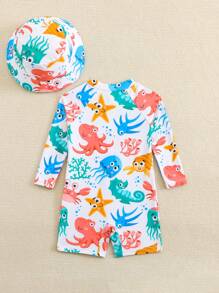 SHEIN 1 套男婴卡通鲸鱼印花长袖连体衣（带帽），夏季防紫外线沙滩装 - 彩色 - 查看 2