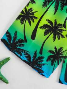 Tween Boys 2pcs Swimwear Set: Long Sleeve Solid Rashguard Top And Palm Tree Letter Print Pattern Gradient Swim Trunks