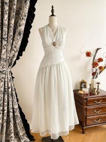 Vintamour Vintage Elegant Women's Dress Organza Jacquard Patchwork Floral Brooch Lace Maxi Dress Formal Holiday Party Occasions Summer Dresses For Women Summer Outfits For Women White Dress Graduation Dress White Dresses For Women Summer Clothes Vacation Outfits Woman Dresses For Women Summer Wedding Guest Dress Women Sun Dresses For Women Prom Dress Maxi Dresses For Women Graduation Dresses For Women Wedding Dress Formal Dresses Birthday Dresses Vacation Dress - Beige - View 2