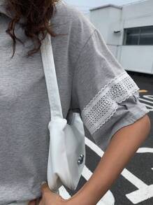 DAZY Women's Summer Hollow-Out Patchwork POLO Collar Casual Short Sleeve T-Shirt - Grey - View 5