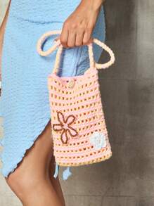 SHEIN ICON Women's Fashionable Summer Holiday Sweet And Sexy Y2K Ocean Elements Crocheted Handbag, Can Be Worn On The Shoulder - Pink - View 2