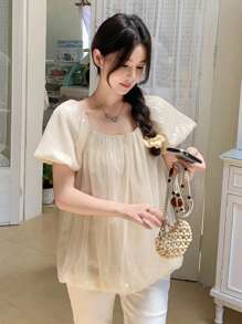 DAZY Women Square Collar Mesh Sequin Short Sleeve Blouse,Babydoll Top - Yellow - View 3