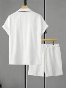Manfinity Homme 男士翻领短袖衬衫短裤套装，夏季男士衣服套装夏季 - 米色 - 查看 2