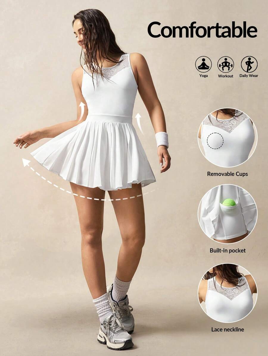 VARSIVA Women's Solid Color Contrast Lace Pleated Hem Sleeveless Sports Mini Dress - White - View 1