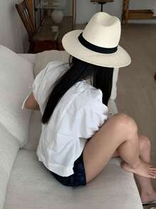 DAZY Women Plain Color Drawstring Tie Front Ruffle Trim White Short Sleeve Blouse Shirt, Spring & Summer - White - View 2