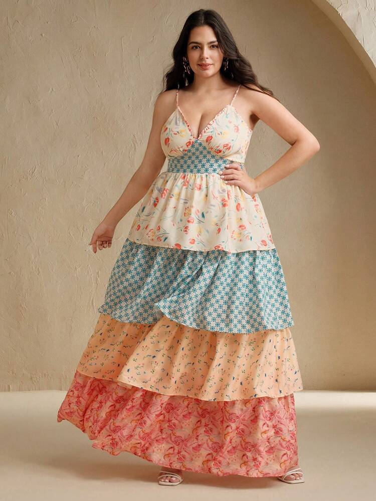 Women's Summer Floral Print Patchwork Painting Style Long Exclusive Vintage Ruffled Hem Sleeveless Dress