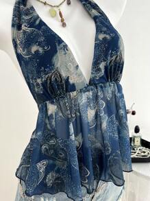 Elamini Women's Retro Print V-Neck Halter Tie Back Vest, Suitable For Spring & Summer Vacation
