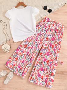 SHEIN Tween Girls Cute Floral Printed Tee & Pleated Pants 2pc Set - Hot Pink - View 2