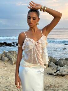 Opulessa Áo hai dây màu trơn lấp lánh đính sequin và hạt cườm, thích hợp cho kỳ nghỉ biển, tiệc tốt nghiệp, sinh nhật, tiệc sang trọng, sân bay, tiệc tùng thanh lịch, lễ tốt nghiệp, dạ hội, buổi tối sang trọng, mùa thu đông, ngày Quốc khánh, năm mới, đi chơi. - Màu be - Xem 5
