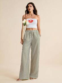 SHEIN Tall Women Tie Waist Striped Wide Leg Loose Casual Pants,Cargo Pants - Green - View 6