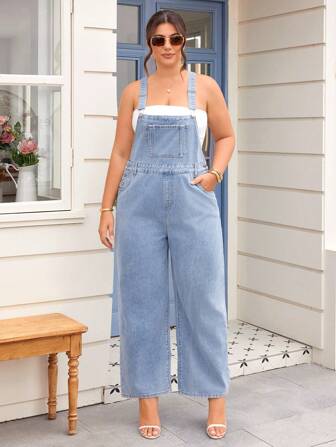 SHEIN Essnce Große Größe einfarbiger Jeans-Jumpsuit mit Tasche, für den Sommer