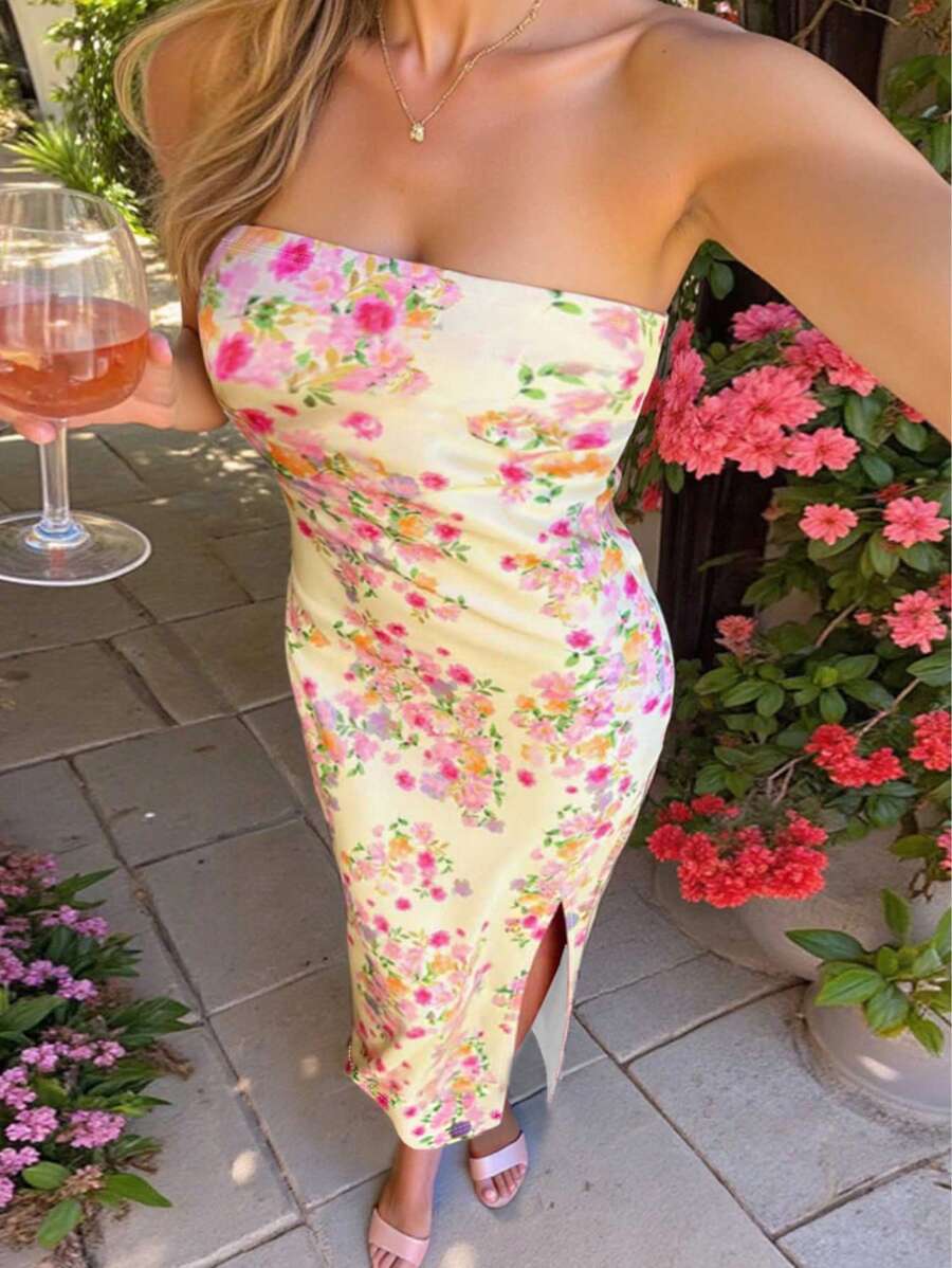 INAWLY 大码女式夏季假日碎花抹胸连衣裙 - 彩色 - 查看 1