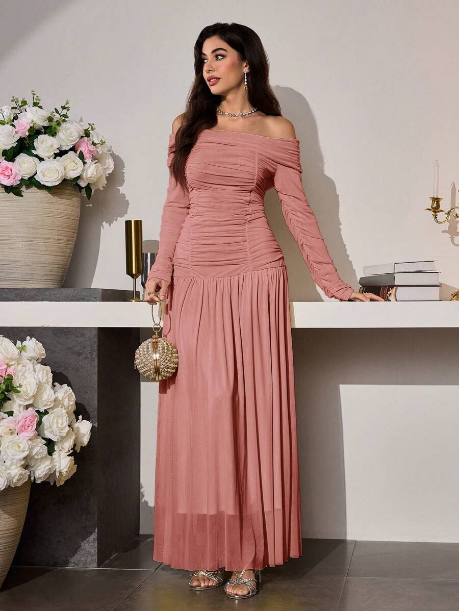 Modelyn Gaun Maxi Panjang Wanita Model Off Shoulder, Romantis, Elegan, Berlipit, Berbentuk Lonceng, Modis, Musim Semi/Panas - Dusty Pink - View 1