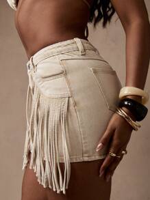 MISSGUIDED Western Fringe Festival Denim Mini Skirt High Waisted Boho Ranch Rodeo Concert Summer Party Beachwear Distressed Raw Edge - Apricot - View 4