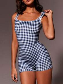 Athîral Women's Blue Gingam Unitard Playsuit, Spring Summer - Multicolor - View 2