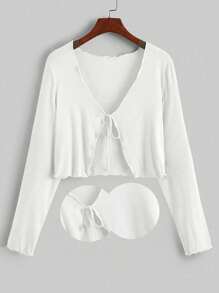 SHEIN Qutie Plus Size Women's Super Soft Ribbed Cardigan & White Casual T-Shirt - Long-Sleeve, Simple & Comfortable For Office Commute And Daily Wear