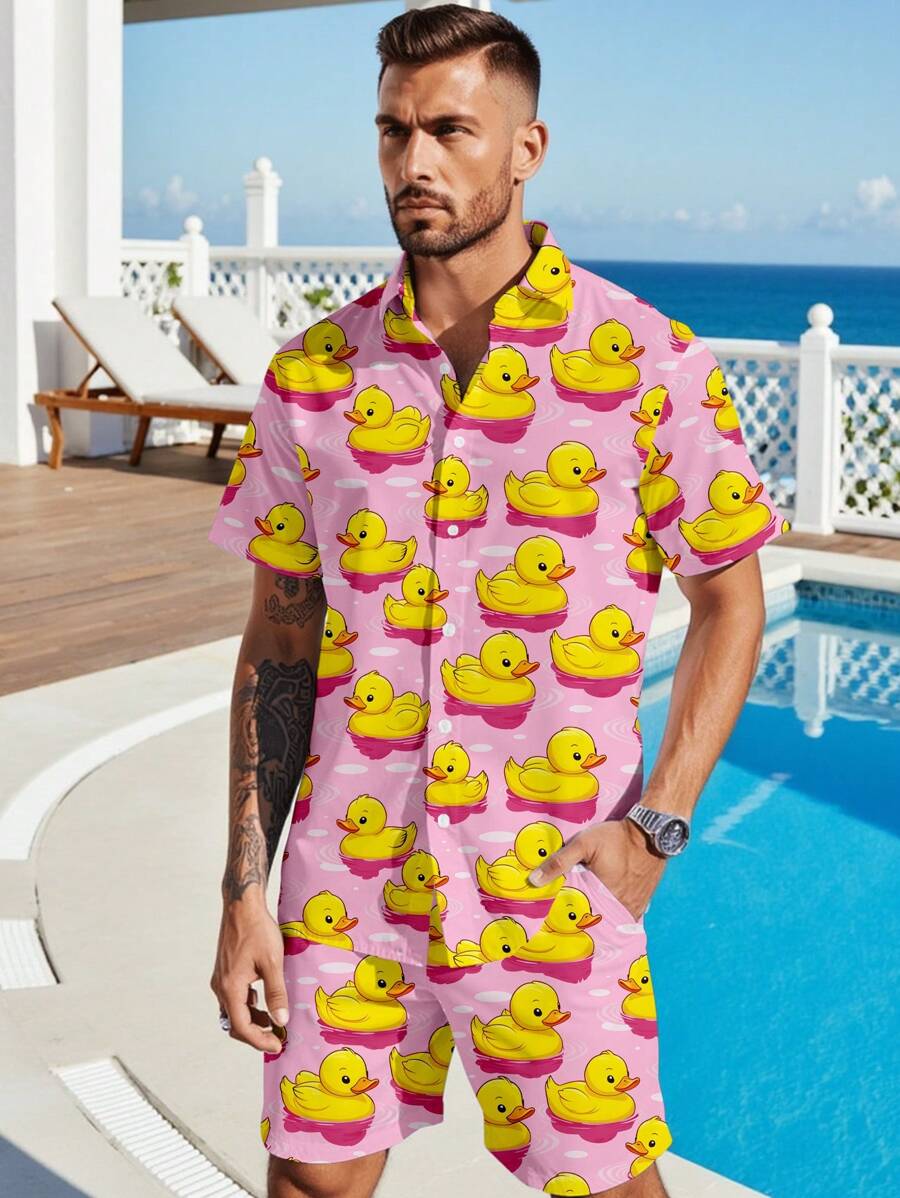 Manfinity RSRT Men's Cartoon Duck Print Short Sleeve Shirt And Shorts Casual Suit For Summer, Cozy Outfits - Multicolor - View 1