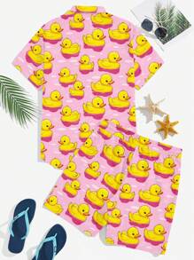 Manfinity RSRT Men's Cartoon Duck Print Short Sleeve Shirt And Shorts Casual Suit For Summer, Cozy Outfits - Multicolor - View 2